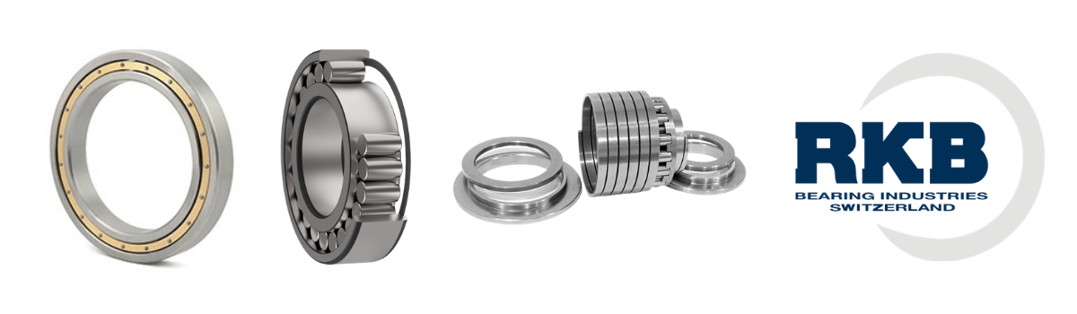 RKB large thin-section ball bearing with brass cage, cylindrical roller bearing shown in cutaway, and a disassembled multi-row cylindrical roller bearing, alongside the navy RKB Bearing Industries Switzerland logo